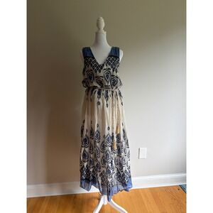 Boho Blue White Ikat Peacock Print Midi Dress V-Neck Sleeveless Tassel Belt